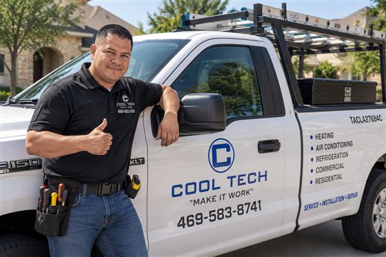 Cool Tech</picture> technician with the company service truck in Dallas, TX