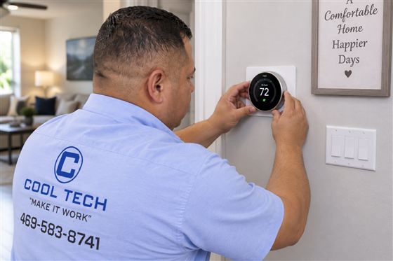 Smart thermostat set during a triple-digit Dallas summer afternoon